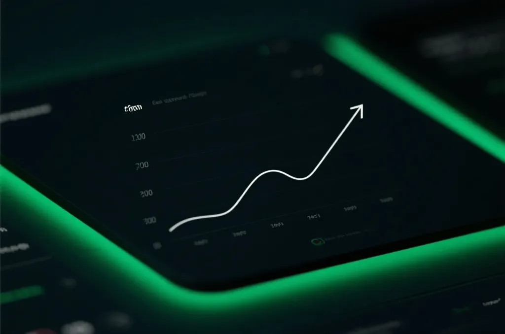 A clean minimalist line graph showing steady incremental growth, set against a dark modern interface with glowing green accents